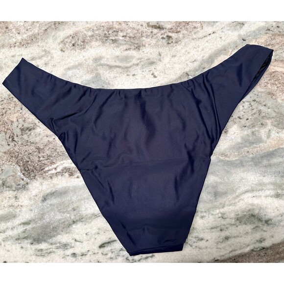 J Crew Bikini Bottom Womens Medium Navy Blue Curved Waist Cheeky High Legs Lined - Picture 2 of 5